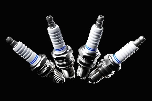 A shiny iridium spark plug held against a motorcycle engine background.