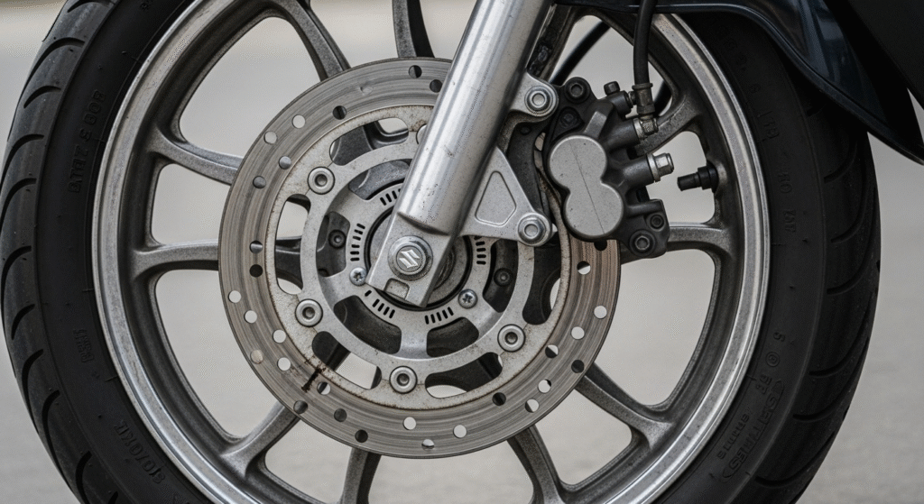 Close-up of the Aprilia SR 175’s front disc brake and 14-inch alloy wheel, showcasing its robust braking system and sporty design.