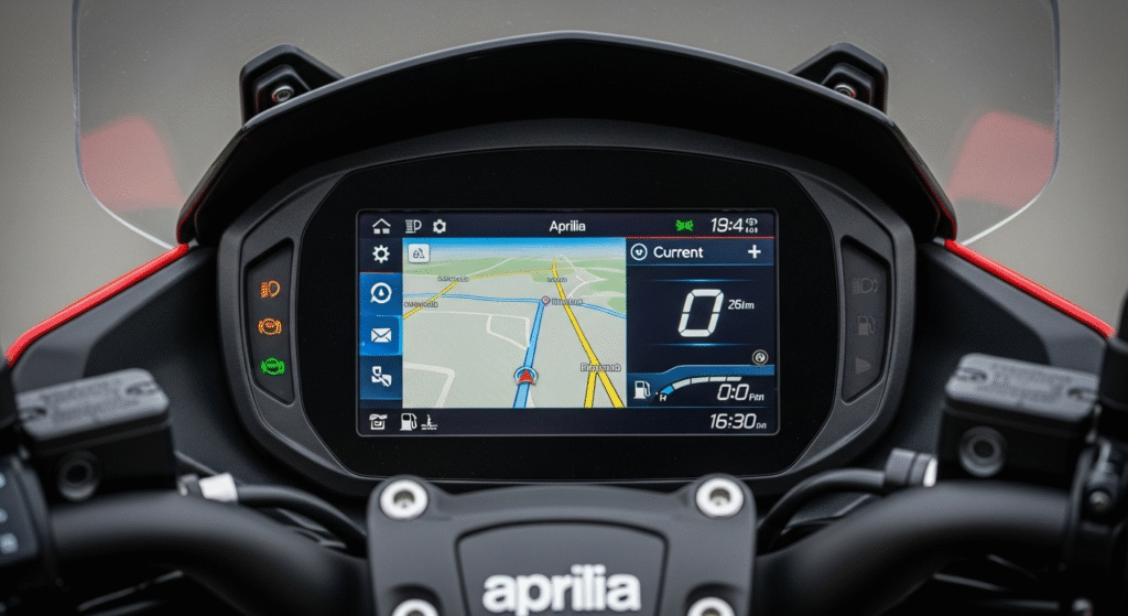 Aprilia SR 175’s 5-inch color TFT display showing navigation in Digital mode, highlighting its modern tech features.