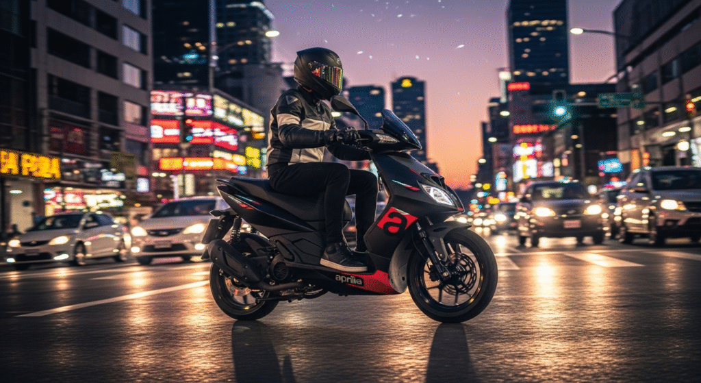 Rider on an Aprilia SR 175 navigating city traffic at dusk, emphasizing its agility and urban appeal.