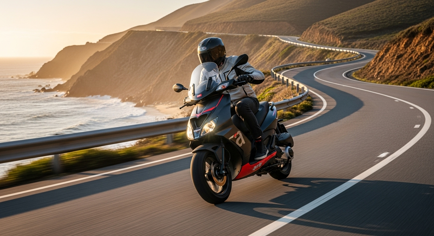 Rider on an Aprilia SR 175 navigating city traffic at dusk, emphasizing its agility and urban appeal.